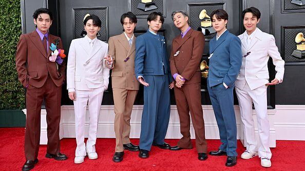 LAS VEGAS, NEVADA - APRIL 03: (L-R) V, Suga, Jin, Jungkook, RM, Jimin and J-Hope of BTS attends the 64th Annual GRAMMY Awards at MGM Grand Garden Arena on April 03, 2022 in Las Vegas, Nevada. (Photo by Axelle/Bauer-Griffin/FilmMagic)