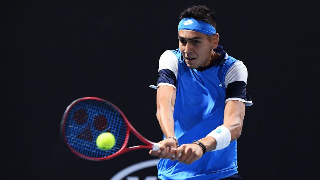 MELBOURNE, AUSTRALIA - JANUARY 21:  Alejandro Tabilo of Chile plays a backhand during his Men's Singles first round match against Daniel Elahi Galan of Colombia on day two of the 2020 Australian Open at Melbourne Park on January 21, 2020 in Melbourne, Australia. (Photo by Quinn Rooney/Getty Images)