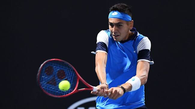 MELBOURNE, AUSTRALIA - JANUARY 21: Alejandro Tabilo of Chile plays a backhand during his Men's Singles first round match against Daniel Elahi Galan of Colombia on day two of the 2020 Australian Open at Melbourne Park on January 21, 2020 in Melbourne, Australia. (Photo by Quinn Rooney/Getty Images)