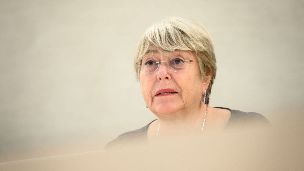 United Nations High Commissioner for Human Rights Michelle Bachelet delivers a speech at the opening of a session of the UN Human Rights Council in Geneva, on September 13, 2021. - The UN rights chief warned that environmental threats from pollution and climate change were sparking and deepening conflicts worldwide, and will soon constitute the biggest challenge to human rights. (Photo by Fabrice COFFRINI / AFP) (Photo by FABRICE COFFRINI/AFP via Getty Images)