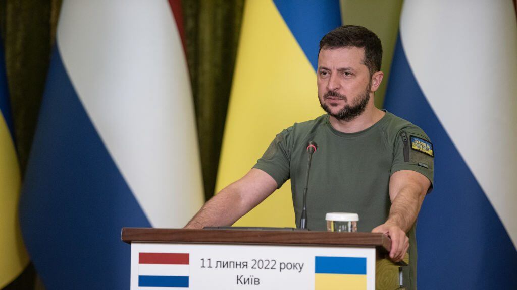 KYIV, UKRAINE - JULY 11: Ukrainian President Volodymyr Zelensky is seen during the press conference with Dutch Prime Minister, Mark Rutte on July 11, 2022 in Kyiv, Ukraine. At the recent NATO leaders' summit, the Dutch PM was among the European leaders urging other NATO partners to step up arms deliveries to Ukraine amid its war with Russia. (Photo by Alexey Furman/Getty Images)