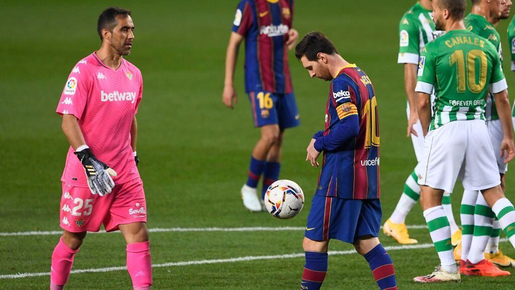 Barcelona's Argentine forward Lionel Messi prepares to shoot a penalty kick during the Spanish League football match between Barcelona and Real Betis at the Camp Nou stadium in Barcelona on November 7, 2020. (Photo by Josep LAGO / AFP) (Photo by JOSEP LAGO/AFP via Getty Images)
