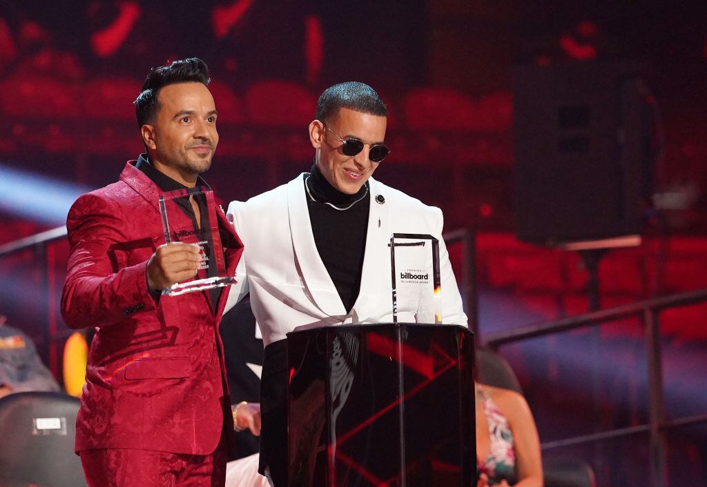 PREMIOS BILLBOARD DE LA MÚSICA LATINA 2020 -- Pictured: Luis Fonsi and Daddy Yankee accept an award on stage at the BB&amp;T Center in Sunrise, FL on October 21, 2020 -- (Photo by: Alexander Tamargo/Telemundo/NBCU Photo Bank via Getty Images)