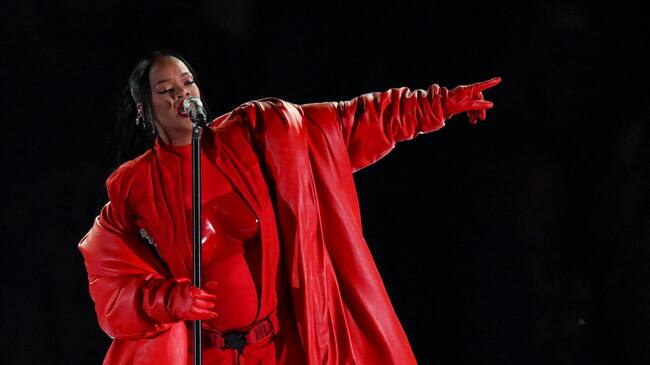 Barbadian singer Rihanna performs during the halftime show of Super Bowl LVII between the Kansas City Chiefs and the Philadelphia Eagles at State Farm Stadium in Glendale, Arizona, on February 12, 2023. (Photo by ANGELA WEISS / AFP) (Photo by ANGELA WEISS/AFP via Getty Images)