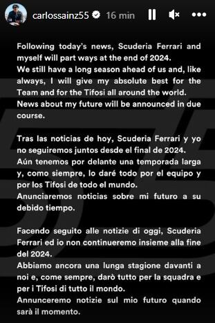 El mensaje de Carlos Sainz en sus redes sociales | Instagram: @carlossainz55