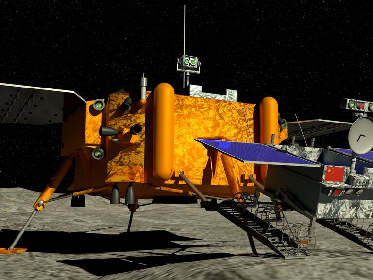 Yutu 2 Lunar rover descendant of the China`s Chang e 4 lunar probe landed on the surface of the moon on January 3, 2019 with the sun in the background. 3D illustration