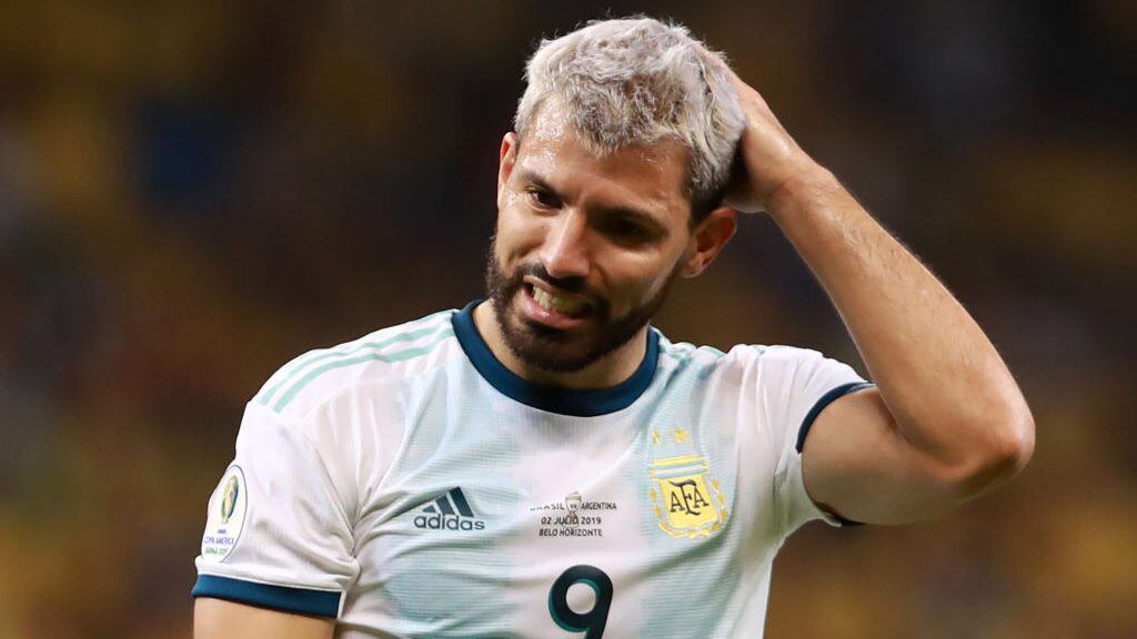 BELO HORIZONTE, BRAZIL - JULY 02: Sergio Aguero of Argentina reacts during the Copa America Brazil 2019 Semi Final match between Brazil and Argentina at Mineirao Stadium on July 02, 2019 in Belo Horizonte, Brazil. (Photo by Bruna Prado/Getty Images)