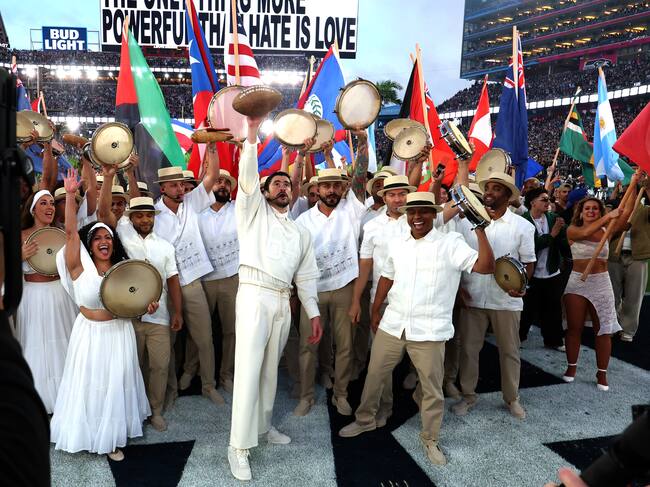 SANTA CLARA, CALIFORNIA - FEBRUARY 08: Bad Bunny performs onstage during the Apple Music Super Bowl LX Halftime Show at Levi's Stadium on February 08, 2026 in Santa Clara, California. (Photo by Kevin Mazur/Getty Images for Roc Nation)
