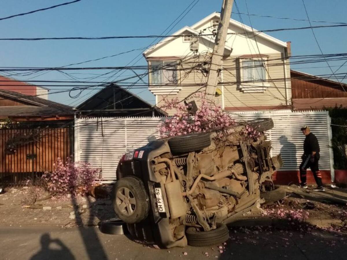 Accidente automovilístico en Maipú: camioneta derriba un árbol, un poste y un portón antes de volcar