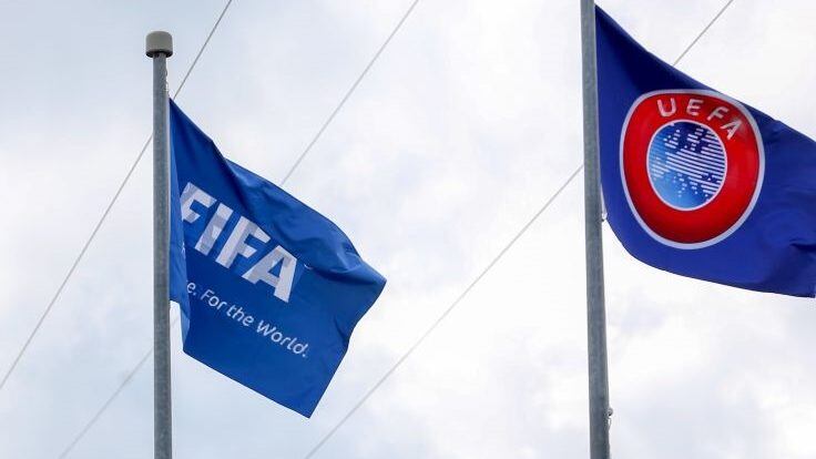 ISTANBUL, TURKEY - SEPTEMBER 22: A photo shows the logo and sign board of 'Turkish Football Federation' and flags of UEFA and FIFA in Istanbul, Turkey on September 22, 2018. (Photo by Emrah Yorulmaz/Anadolu Agency/Getty Images)