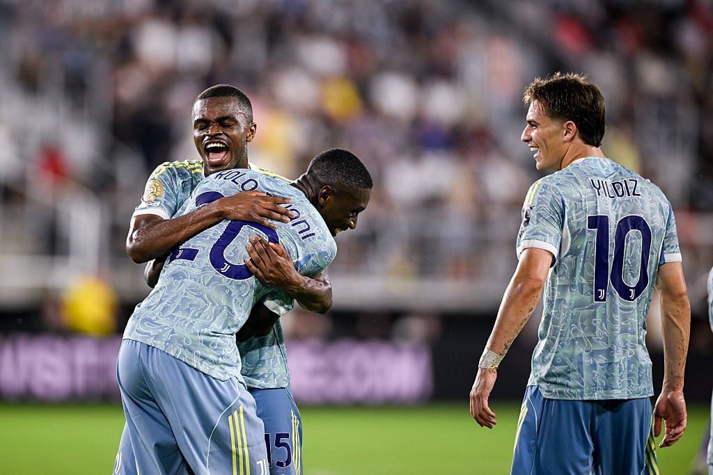 WASHINGTON, DC - JUNE 18: Randal Kolo Muani of Juventus  celebrates  0-4 goal with Pierre Kalulu during the FIFA Club World Cup 2025 group G match between Al Ain FC and Juventus FC at Audi Field on June 18, 2025 in Washington, United States. (Photo by Daniele Badolato - Juventus FC/Juventus FC via Getty Images)