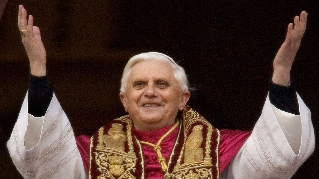 VATICAN CITY, VATICAN - APRIL 19: Newly elected Pope Benedict XVI appears on the central balcony of St Peter's Basilica on April 19, 2005 in Vatican City. German Cardinal Joseph Ratzinger was elected the 265th Pope and will lead the world's 1 billion Catholics. (Photo by Peter Macdiarmid/Getty Images)