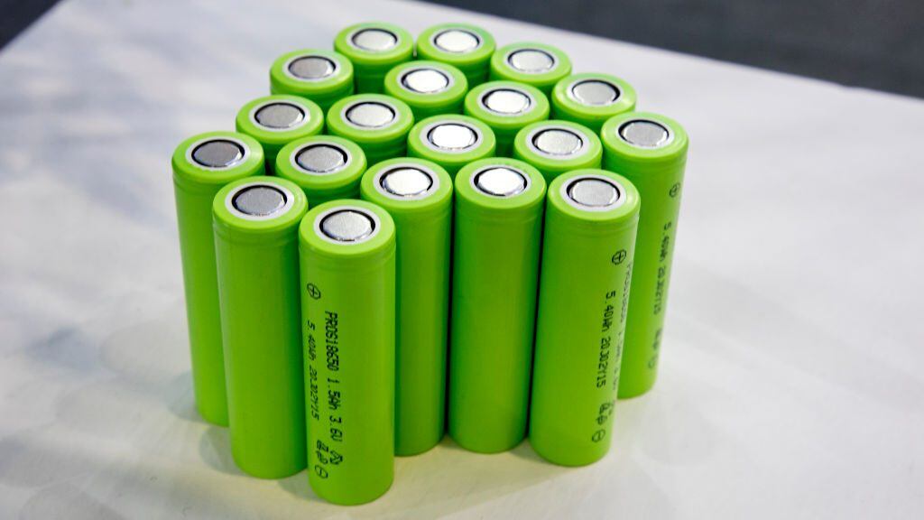 SHANGHAI, CHINA - JUNE 24: Lithium batteries are on display during the 35th China International Hardware Fair on June 24, 2021 in Shanghai, China. (Photo by VCG/VCG via Getty Images)