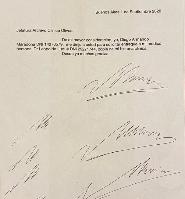 Texto de eventual ensayo de la firma de Maradona