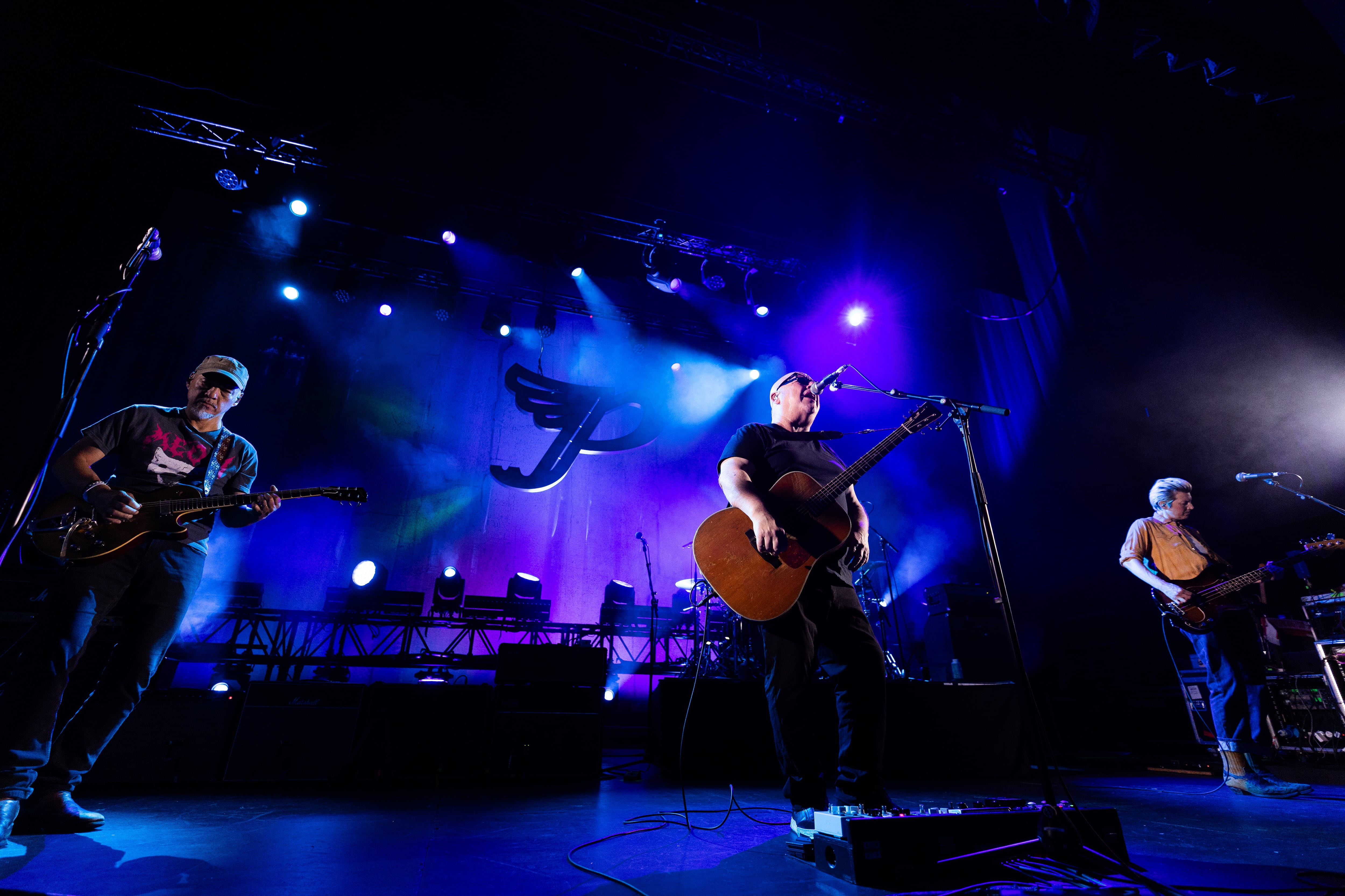 DUBLIN, IRELAND - JUNE 02: (L-R) Joey Santiago, Black Francis and Emma Richardson of Pixies during their performance at The 3Olympia Theatre Dublin on June 02, 2026 in Dublin, Ireland. (Photo by Kieran Frost/Redferns)