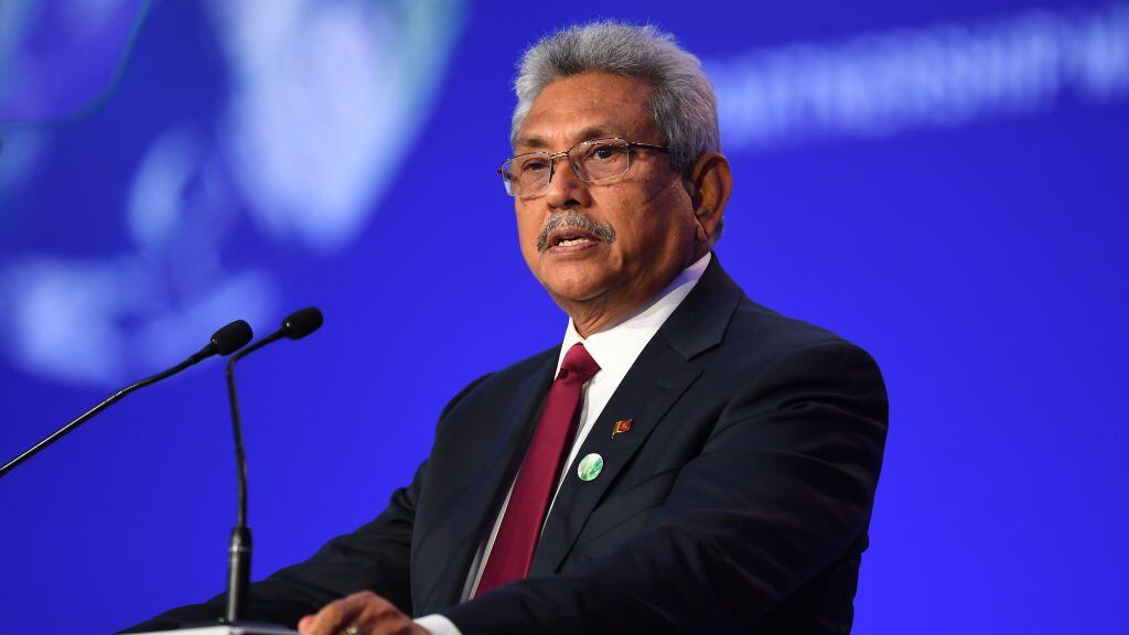 GLASGOW, SCOTLAND - NOVEMBER 01: Sri Lanka President Gotabaya Rajapaksa presents his national statement during day two of COP26 at SECC on November 1, 2021 in Glasgow, United Kingdom. 2021 sees the 26th United Nations Climate Change Conference. The conference will run from 31 October for two weeks, finishing on 12 November. It was meant to take place in 2020 but was delayed due to the Covid-19 pandemic. (Photo by Andy Buchanan - Pool/Getty Images)