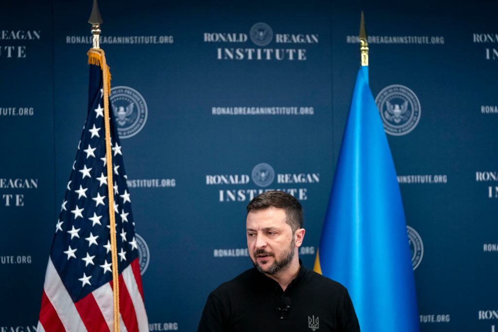 El presidente de Ucrania, Volodimir Zelenski, habla en la ciudad de Washington en EEUU durante el evento por los 75° años de la OTAN.