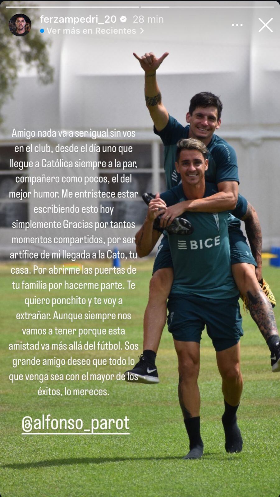 La despedida de Fernando Zampedri para Alfonso Parot en Instagram