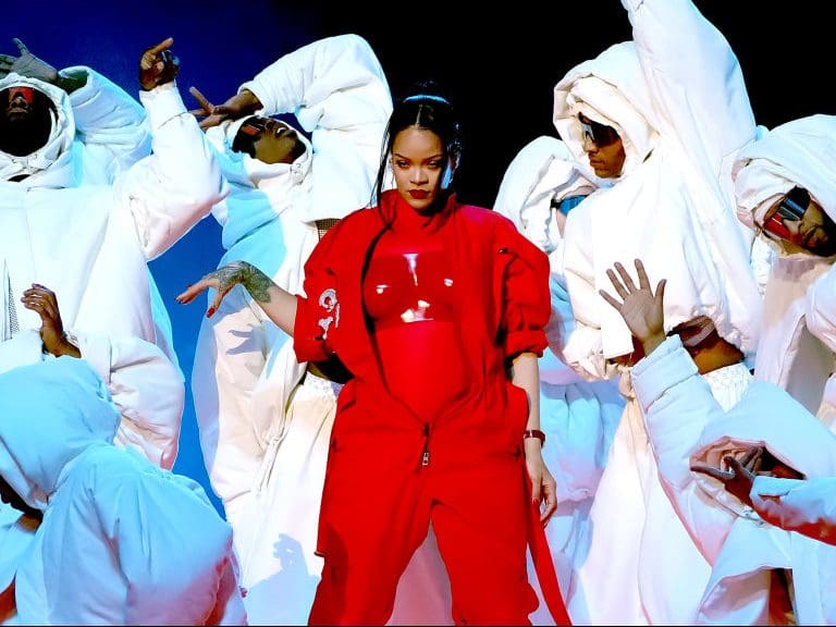 GLENDALE, ARIZONA - FEBRUARY 12: Rihanna performs during Apple Music Super Bowl LVII Halftime Show at State Farm Stadium on February 12, 2023 in Glendale, Arizona. (Photo by Kevin Mazur/Getty Images for Roc Nation)