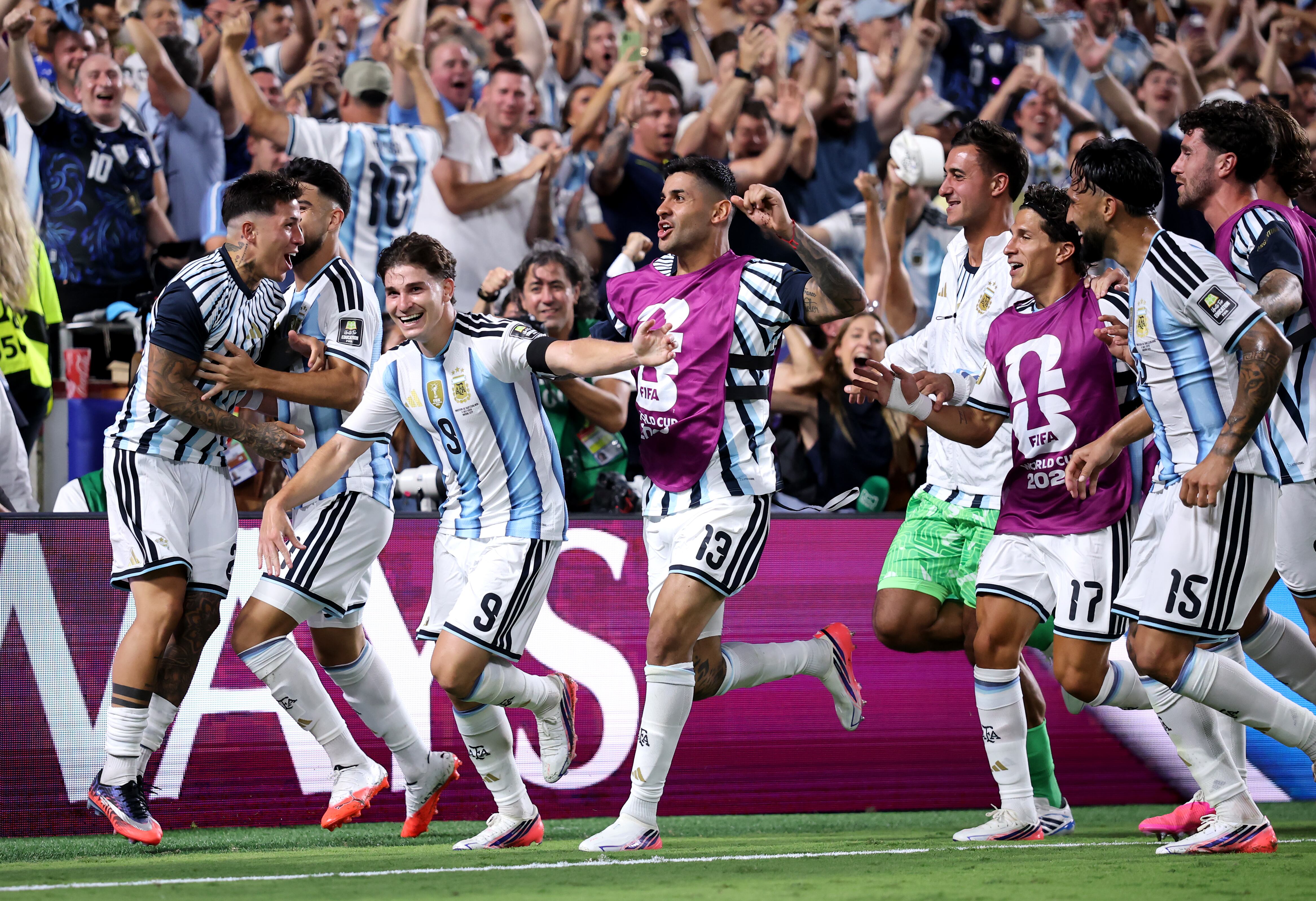 KANSAS CITY, MISSOURI - JULY 11: Julian Alvarez #9 of Argentina celebrates with teammates after scoring his team's second goal during the FIFA World Cup 2026 Quarter Final match between Argentina and Switzerland at Kansas City Stadium on July 11, 2026 in Kansas City, Missouri. (Photo by Hector Vivas - FIFA/FIFA via Getty Images)