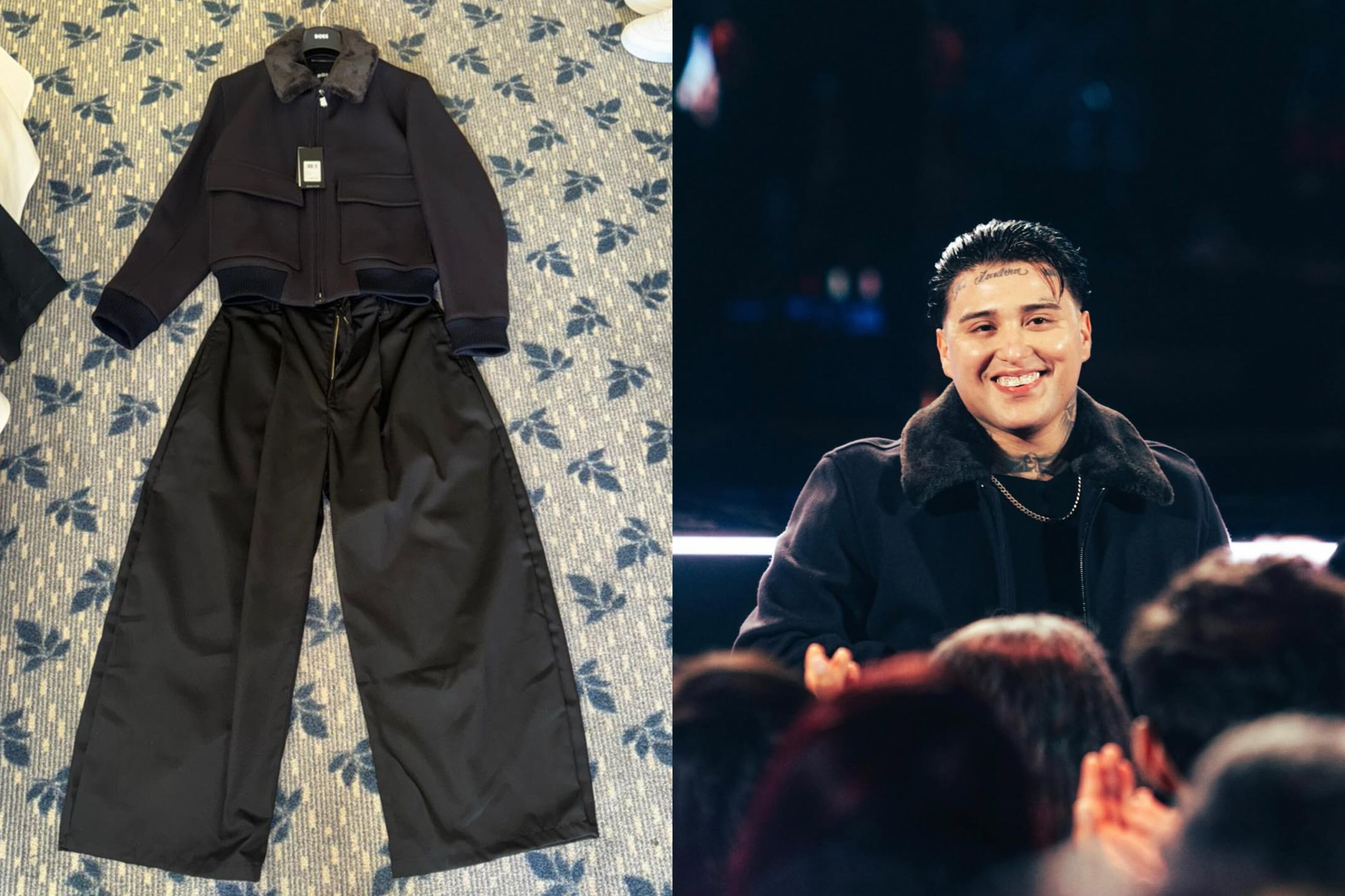 Pablo Chille en el Festival de Viña 2026, vestido por Tiare Arévalo con una chaqueta BOSS de corte clásico, pantalón amplio de la marca chilena Kagui y una polera básica blanca de H&M.
Foto: @Rodrigonavarro.