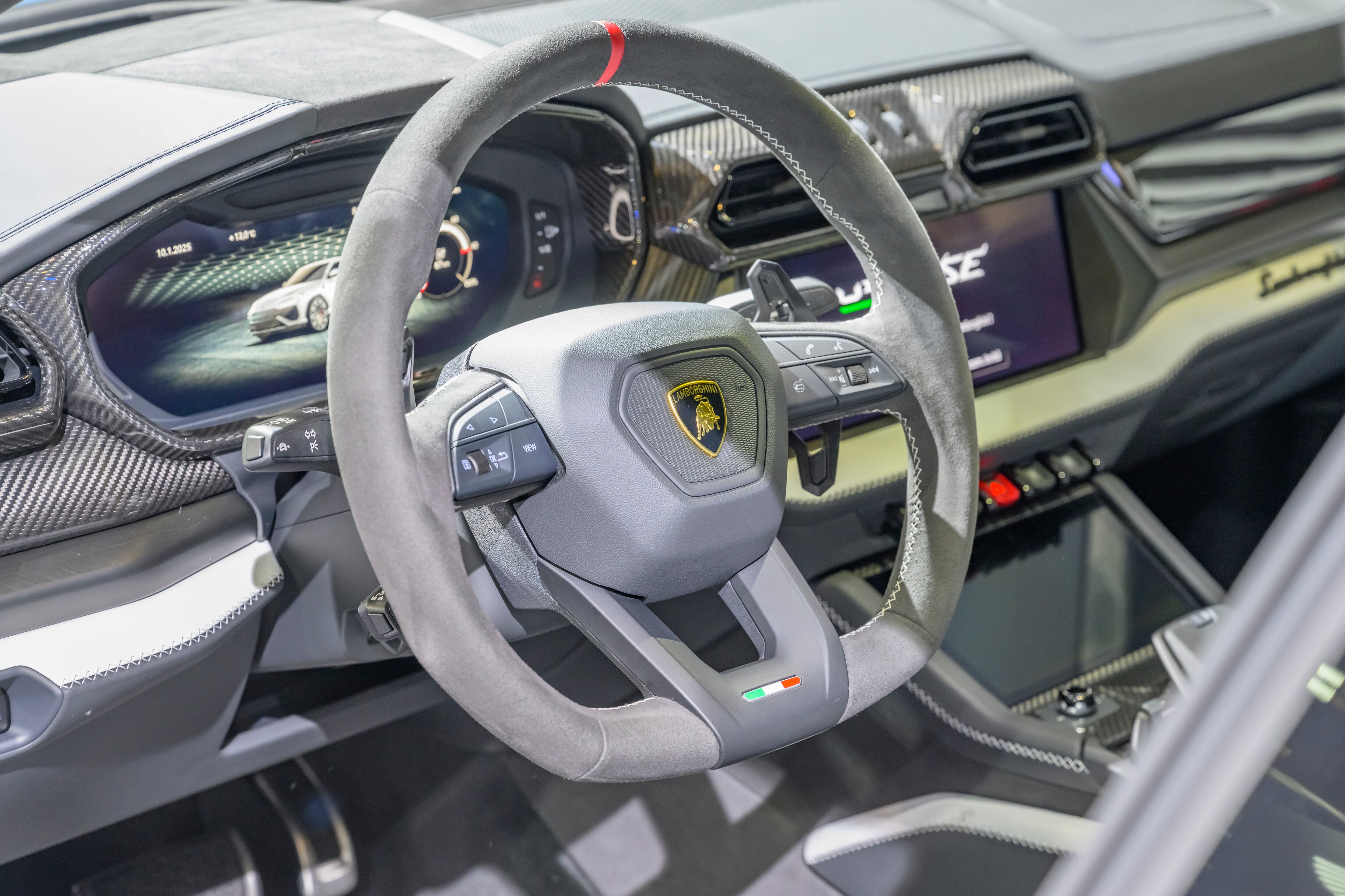 BRUSSELS, BELGIUM - JANUARY 10: Lamborghini Urus SE performance SUV interior on display at the AutoSalon on January 10, 2025 in Brussels, Belgium. (Photo by Sjoerd van der Wal/Getty Images)