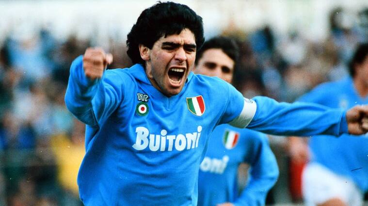NAPLES, ITALY - MAY 01: Diego Maradona of Napoli celebrates scoring his side's first goal during the Serie A match between Napoli and AC Milan at the Stadio Pao Paulo on May 1, 1988 in Naples, Italy. (Photo by Etsuo Hara/Getty Images)