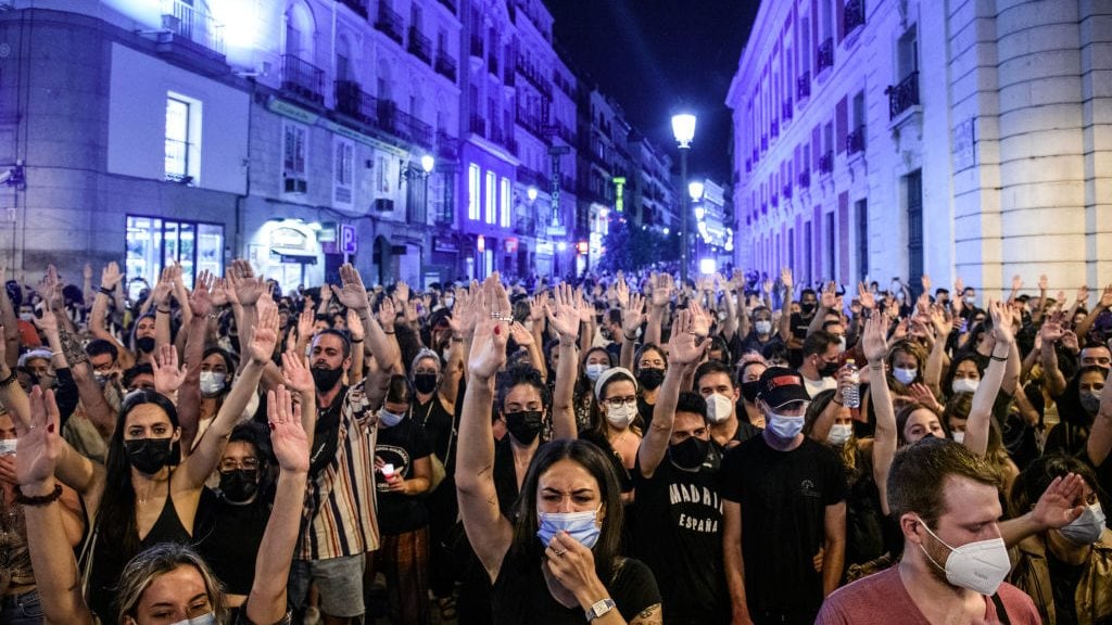 MADRID, SPAIN - JUNE 11: People gather in La Puerta del Sol to protest against "feminicides" on June 11, 2021 in Madrid, Spain. Protestors gathered a day after the Guardia Civil found the lifeless body of six-year-old Olivia, one of the sisters kidnapped by her father Tomas Gimeno on April 27 in Tenerife, in the sea. Currently the security forces continue the search for her sister Anna, just one year old, and the father himself. FEMEN has requested the release of Juana Rivas, imprisoned today in Granada after being sentenced to two years and six months in prison for the abduction of her two minor children in the summer of 2017, when she tried to separate them from their father, claiming that he was victim of abuse. In 2021 there have been 38 murders of women in Spain to date, which is why the activist organization FEMEN has carried out an action in the center of Madrid. (Photo by Joan Amengual/VIEWpress )