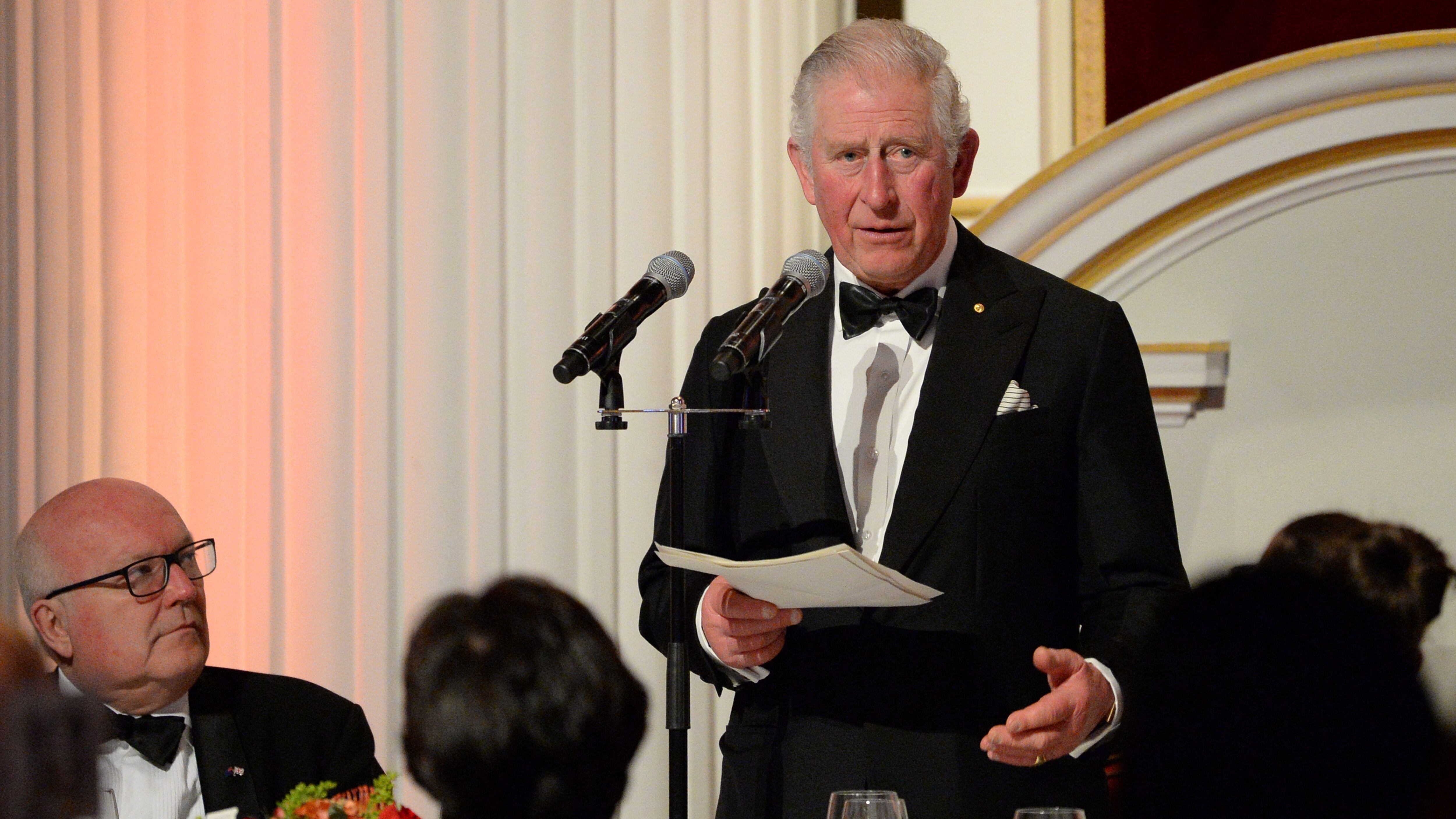 LONDON, ENGLAND - MARCH 12: Prince Charles, Prince of Wales makes a speech as he attends a dinner in aid of the Australian bushfire relief and recovery effort at Mansion House on March 12, 2020 in London, England. (Photo by Eamonn M. McCormack - WPA Pool/Getty Images)