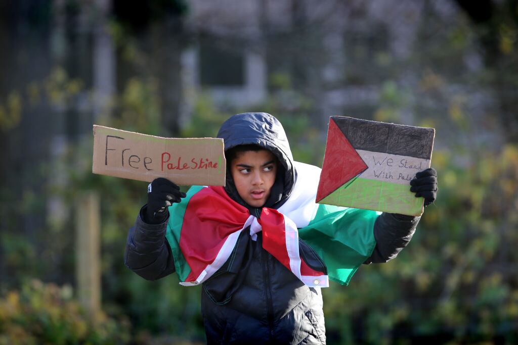 Niño muestra su apoyo a Palestina en una manifestación en Inglaterra