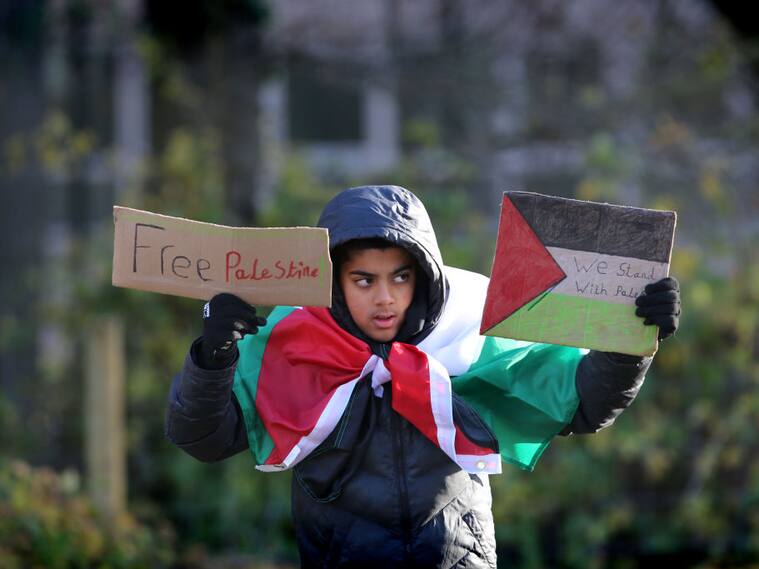 Niño muestra su apoyo a Palestina en una manifestación en Inglaterra