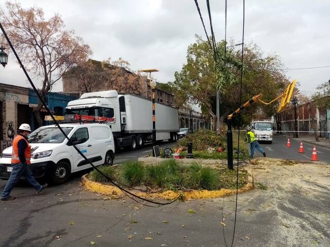Camión arrastró cables del tendido eléctrico botando postes y árboles en su paso