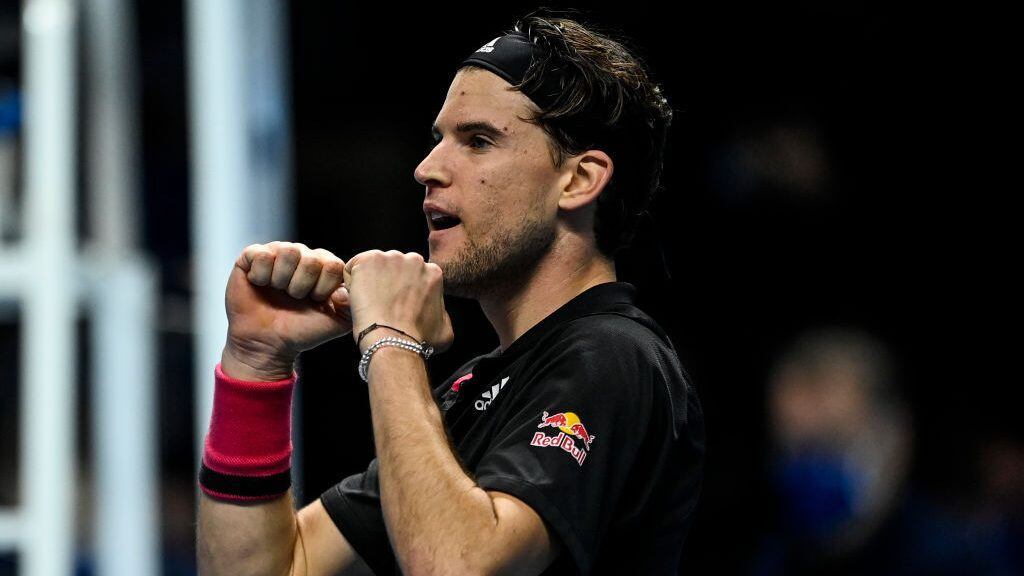 LONDON, ENGLAND - NOVEMBER 21: Dominic Thiem of Austria celebrates his victory over Novak Djokovic of Serbia on Day 7 of the Nitto ATP World Tour Finals at The O2 Arena on November 21, 2020 in London, England. (Photo by TPN/Getty Images)