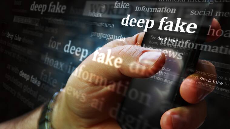 Deep fake hoax false and ai manipulation social media on display. Searching on tablet, pad, phone or smartphone screen in hand. Abstract concept of news titles 3d illustration.