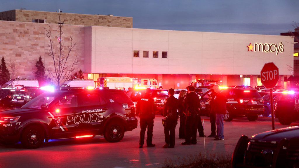 WAUWATOSA, WISCONSIN - NOVEMBER 20: Police secure the scene outside the Mayfair Mall after a gunman opened fire on November 20, 2020 in Wauwatosa, Wisconsin. Several people were reported to have been injured with the gunman still at large. (Photo by Scott Olson/Getty Images)