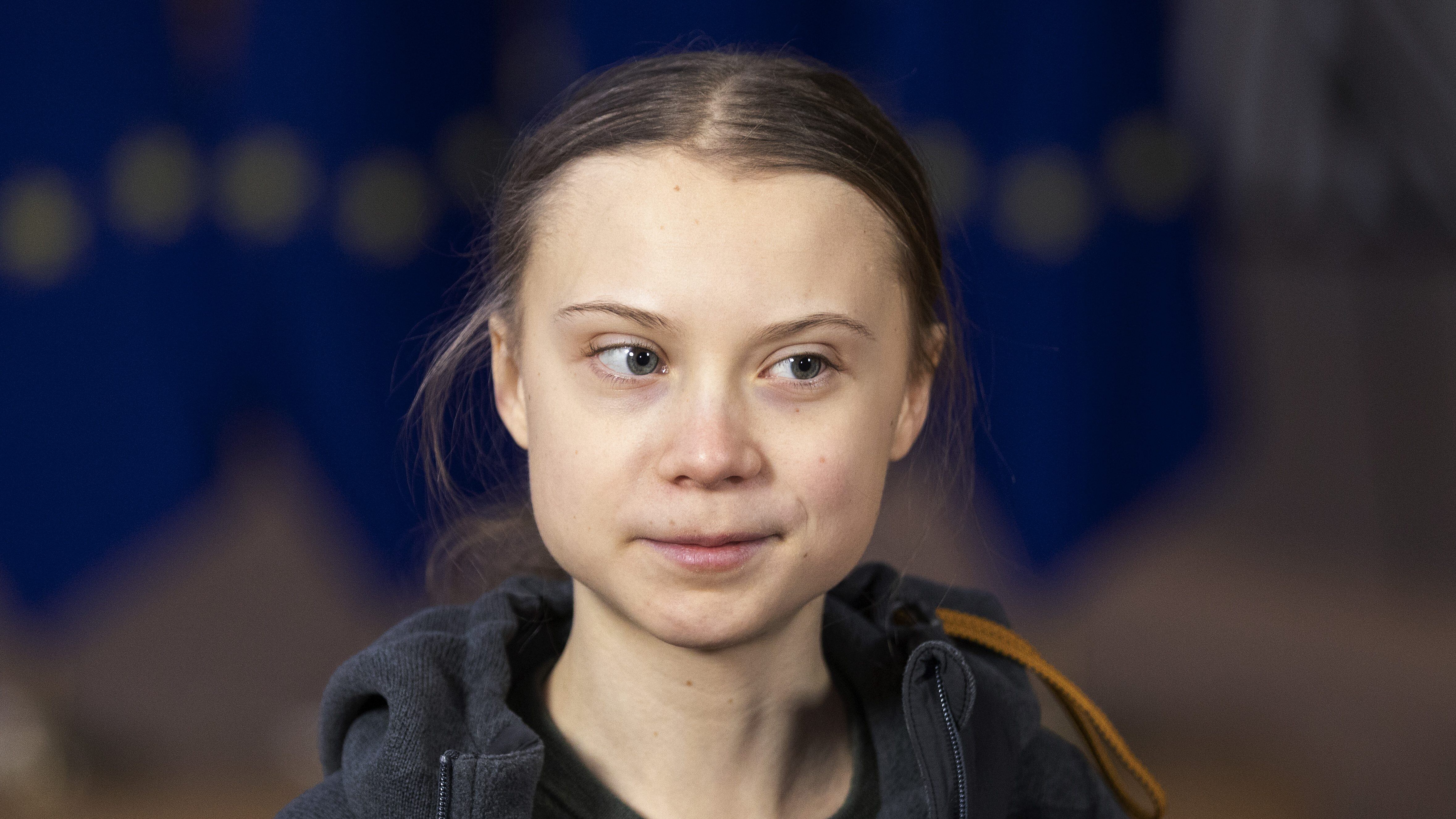BRUSSELS, BELGIUM - MARCH 05:  Swedish environmental activist on climate change Greta Thunberg is talking to media as she arrives for an EU environment Council at the Europa, the European Council headquarter, on March 5, 2020, in Brussels, Belgium. (Photo by Thierry Monasse/Getty Images)