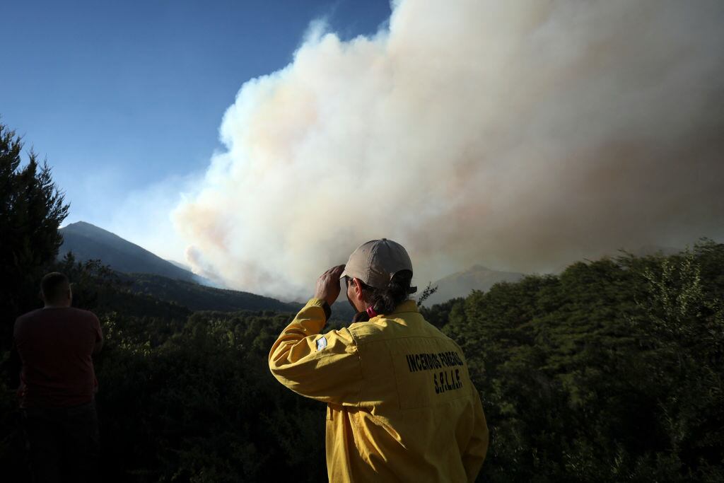 Trabajadores forestales ven el humo que provoca el incendio en la provincia de Río Negro
