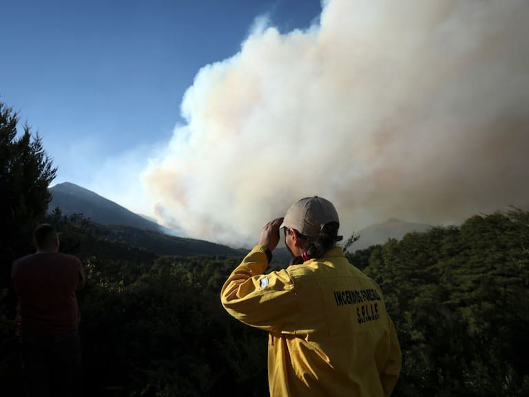 Trabajadores forestales ven el humo que provoca el incendio en la provincia de Río Negro