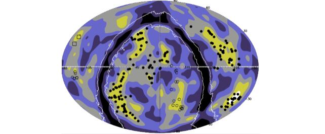 Distribución de galaxias en gradientes de densidad. La relación entre la densidad y la densidad media se muestra mediante seis niveles de contorno: 0 – 0,23 (negro), 0,23 – 0,62 (azul oscuro), 0,62 – 1,13 (azul claro), 1,13 – 1,9 (gris), 1,9 – 3,7 (oliva) y > 3,7 (blanco). Los cúmulos de las cinco superestructuras están sobreimpresos con círculos negros rellenos. (Bohringer et al. 2025)