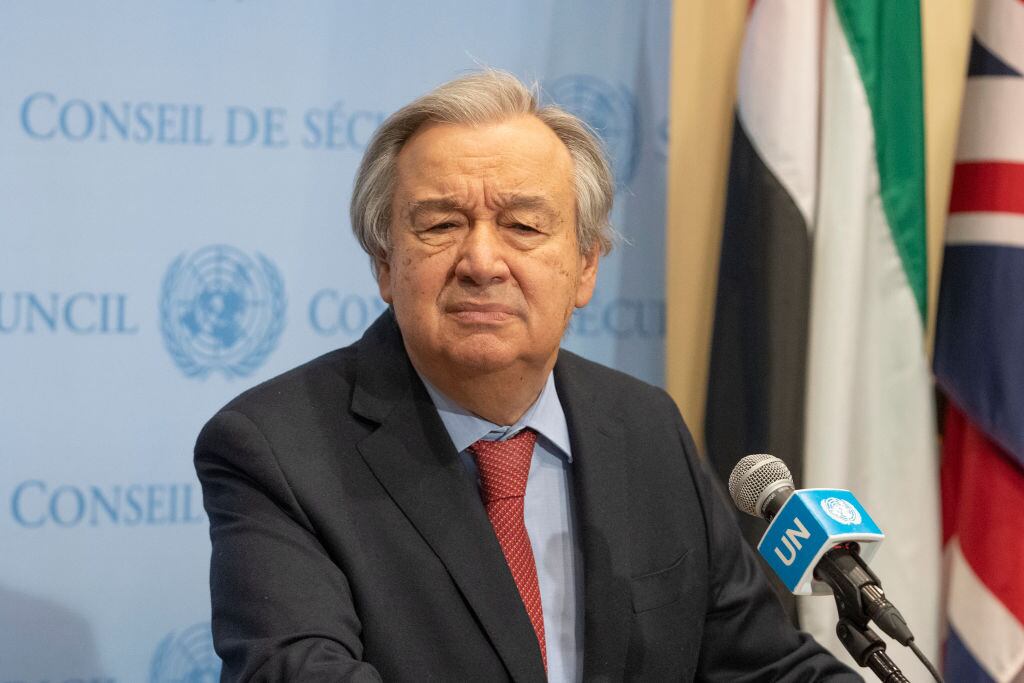 NEW YORK, UNITED STATES - 2022/03/28: Secretary-General Antonio Guterres speaks to reporters on the situation in Ukraine at United Nations Headquarters. Secretary-General announced that Martin Griffiths, the Coordinator of our humanitarian work worldwide, immediately to explore with the parties involved the possible agreements and arrangements for a humanitarian ceasefire in Ukraine. He explicitly stated that this crisis is not humanitarian but political. (Photo by Lev Radin/Pacific Press/LightRocket via Getty Images)