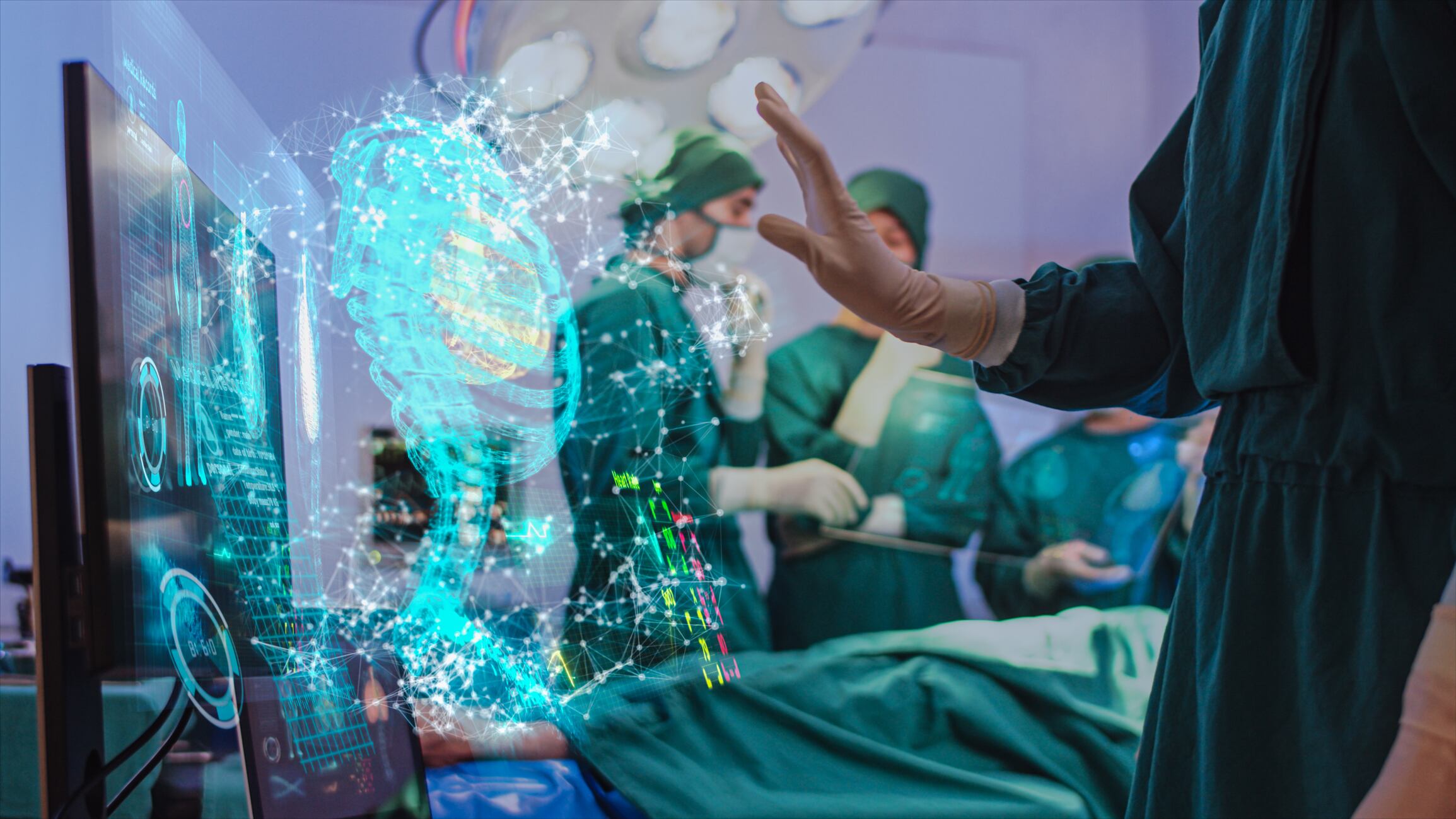 Doctor using hologram modern virtual screen interface Respiratory System in the operating room, innovative and future of medical and healthcare technology
