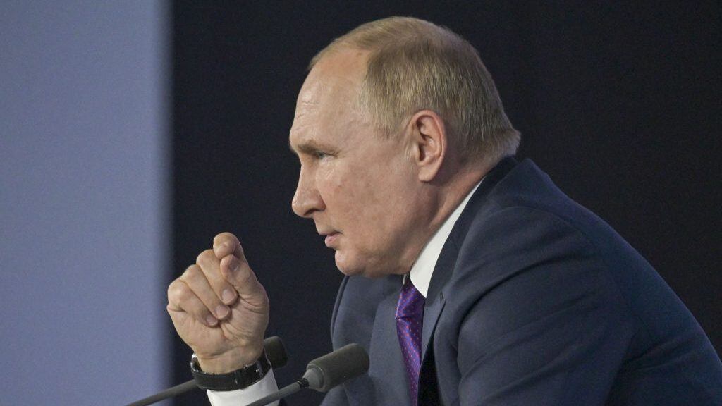 MOSCOW, RUSSIA - DECEMBER 23, 2021: Russia's President Vladimir Putin gives an annual end-of-year news conference at the Manezh Central Exhibition Hall. Alexei Nikolsky/Russian Presidential Press and Information Office/TASS (Photo by Alexei NikolskyTASS via Getty Images)