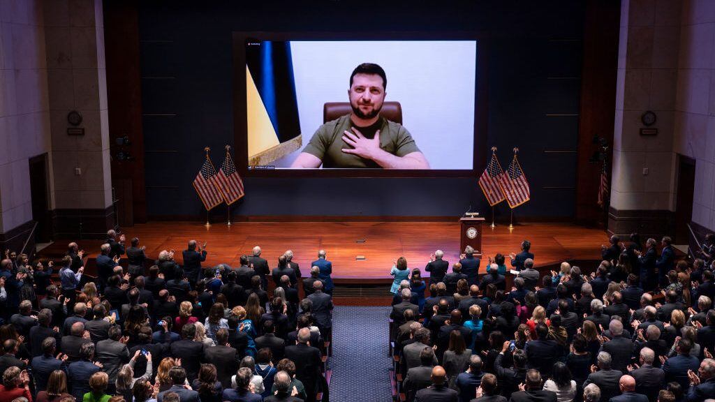 WASHINGTON, DC - MARCH 16: Ukrainian President Volodymyr Zelenskyy speaks to the U.S. Congress by video to plead for support as his country is besieged by Russian forces at the U.S. Capitol on March 16, 2022 in Washington, DC. Zelenskyy addressed Congress as Ukraine continues to defend itself from an ongoing Russian invasion. (Photo by J. Scott Applewhite-Pool/Getty Images)