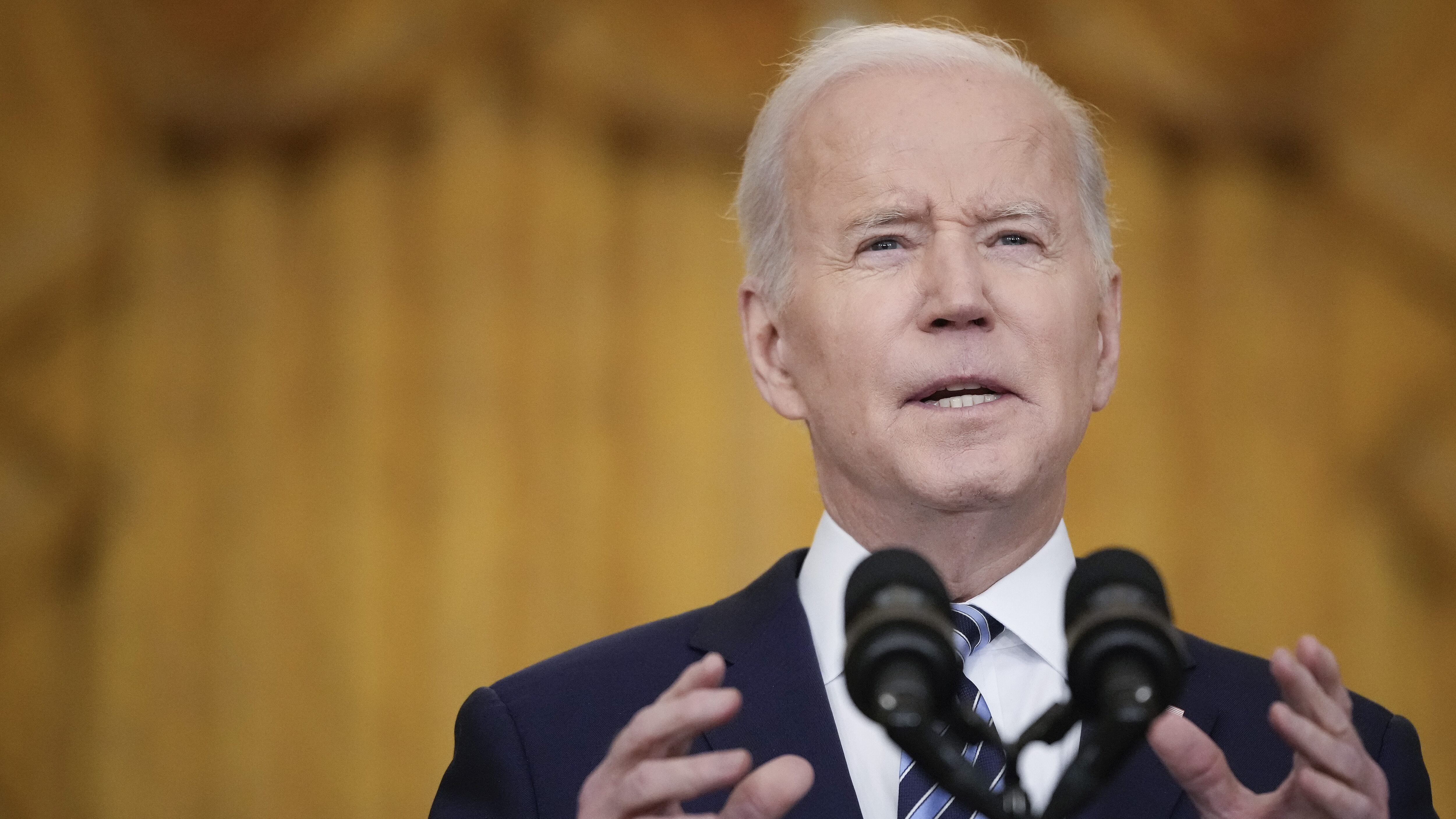 WASHINGTON, DC - FEBRUARY 24: U.S. President Joe Biden delivers remarks about Russia's “unprovoked and unjustified" military invasion of neighboring Ukraine in the East Room of the White House on February 24, 2022 in Washington, DC. Biden announced a new round of sanctions against Russia after President Vladimir Putin launched an attack on Ukraine from the land, sea and air on Thursday. (Photo by Drew Angerer/Getty Images)