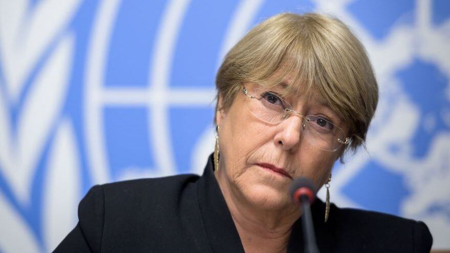 UN Human Rights High Commissioner Michelle Bachelet attends a press conference one year after she took office at the United Nations Offices in Geneva on September 4, 2019. (Photo by FABRICE COFFRINI / AFP)        (Photo credit should read FABRICE COFFRINI/AFP via Getty Images)