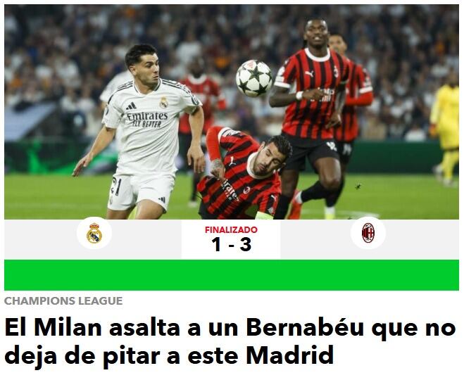 Prensa española desató su furia contra el Real Madrid tras caída ante el AC Milan | Captura de pantalla