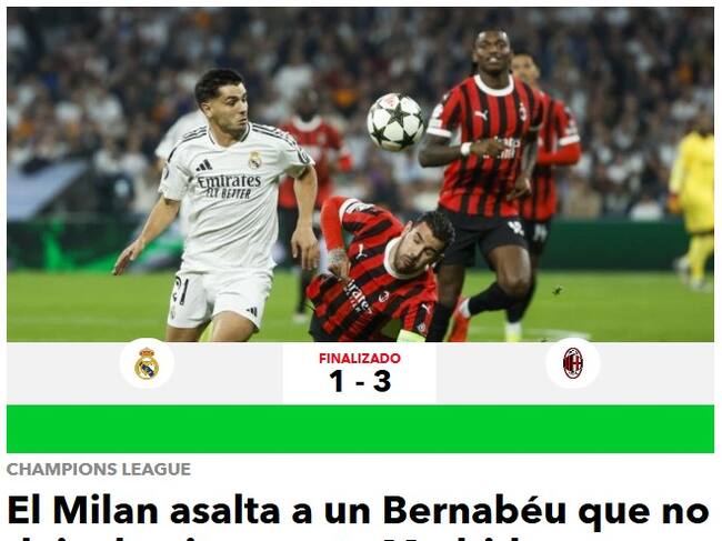 Prensa española desató su furia contra el Real Madrid tras caída ante el AC Milan | Captura de pantalla