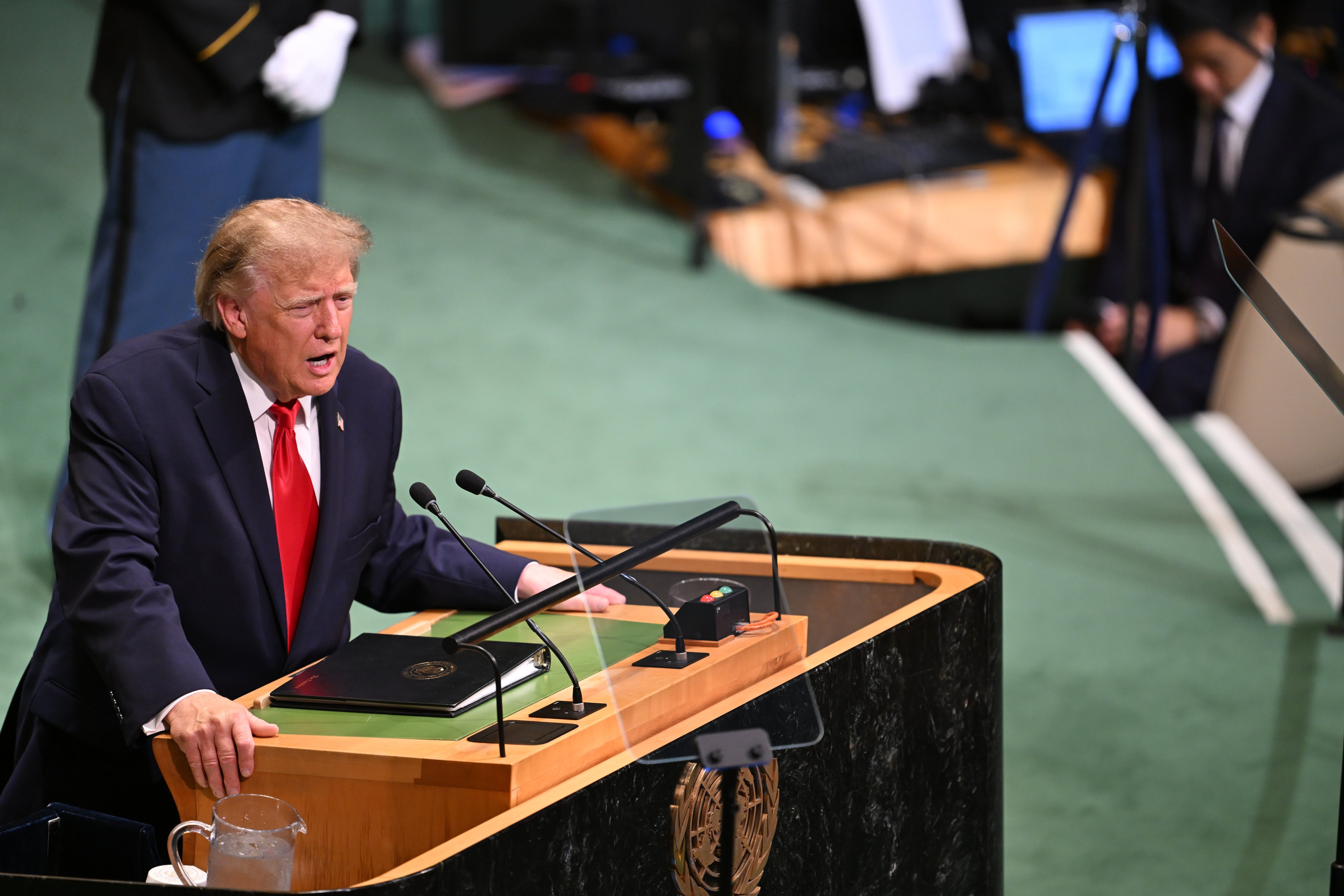 NEW YORK, UNITED STATES - SEPTEMBER 22: US President Donald Trump delivers a speech during the 81st session of the United Nations General Assembly at United Nations Headquarters in New York, United States, on September 22, 2026. (Photo by Mehmet Ali Ozcan/Anadolu via Getty Images)