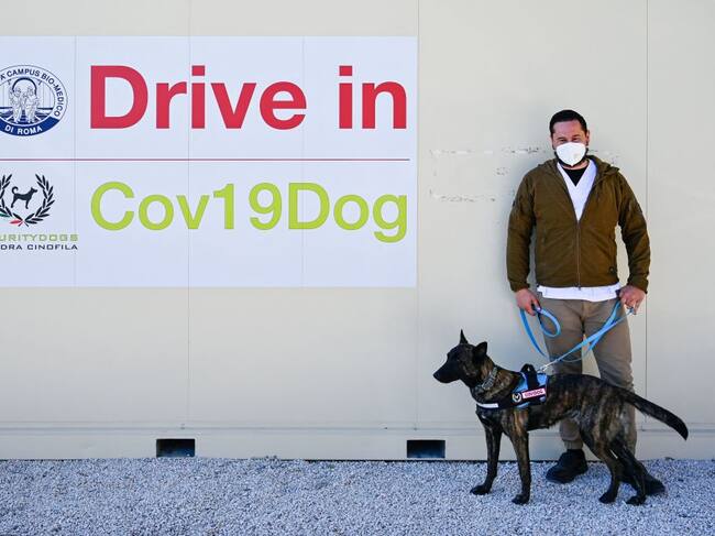 Un instructor y un perro que detecta el Covid-19 en un ensayo clínico en Italia