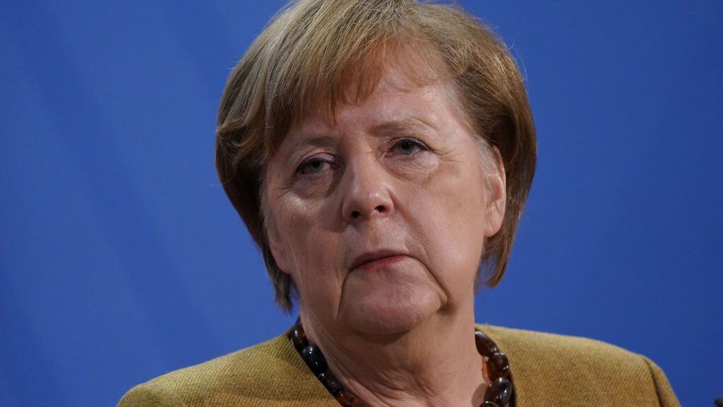BERLIN, GERMANY - FEBRUARY 05: German Chancellor Angela Merkel and French President Emmanuel Macron, who was tuning in from Paris via video link, speak to the media following talks on February 05, 2021 in Berlin, Germany. The two leaders discussed the COVID-19 vaccine situation in Europe and the recent expulsion of German, Swedish and Polish diplomats, among other issues. (Photo by Sean Gallup/Getty Images)